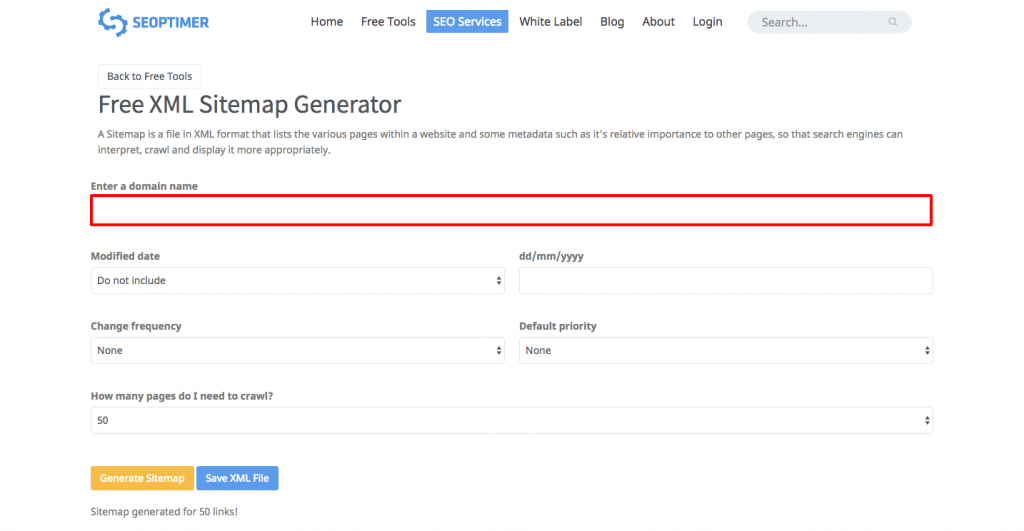 seoptimer sitemap generator hvordan man indtaster url